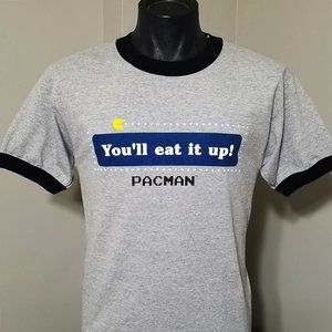 Vintage Y2K Pac-Man Graphic Ringer Tee Size Medium Grey Black Giant Tag T Shirt